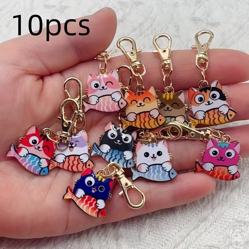 Party Favor Bag - 10 Stück bedruckte Katzen-Schlüsselanhänger aus Legierung,